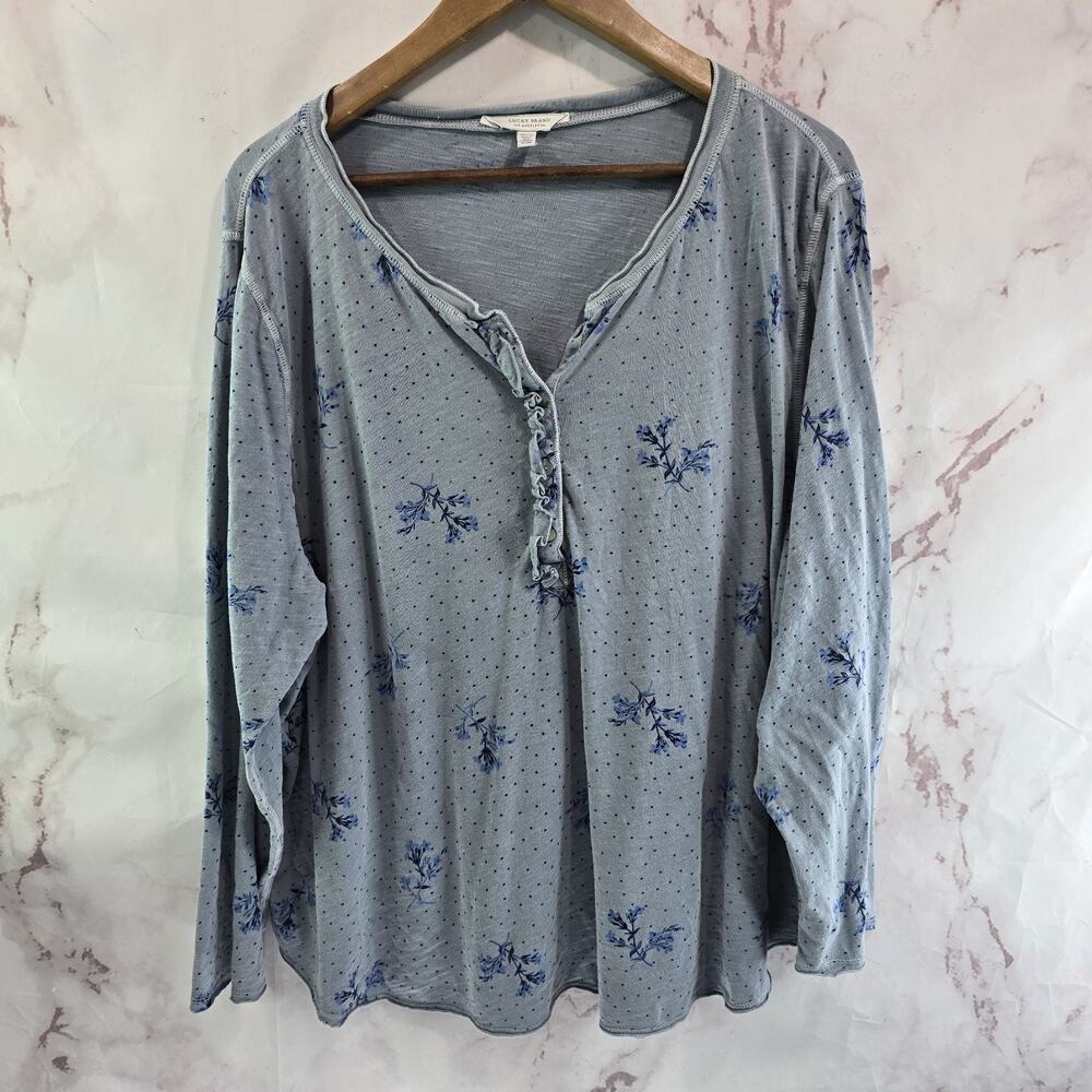 Lucky Brand T Shirt Womens 3X Blue Floral Polka Dot Long Sleeve Tee Henley